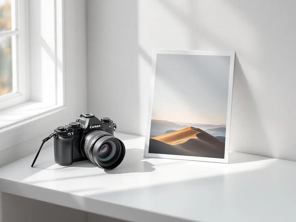 Professionele camera naast foto op witte ondergrond, minimalistische compositie met zachte schaduwen