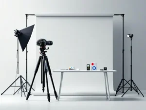 Professionele camera op statief voor fotografie backdrop met kleurkaarten en lichtmeters op witte tafel
