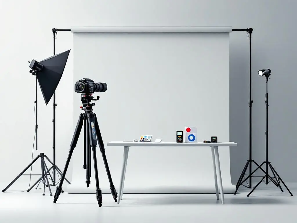 Professionele camera op statief voor fotografie backdrop met kleurkaarten en lichtmeters op witte tafel