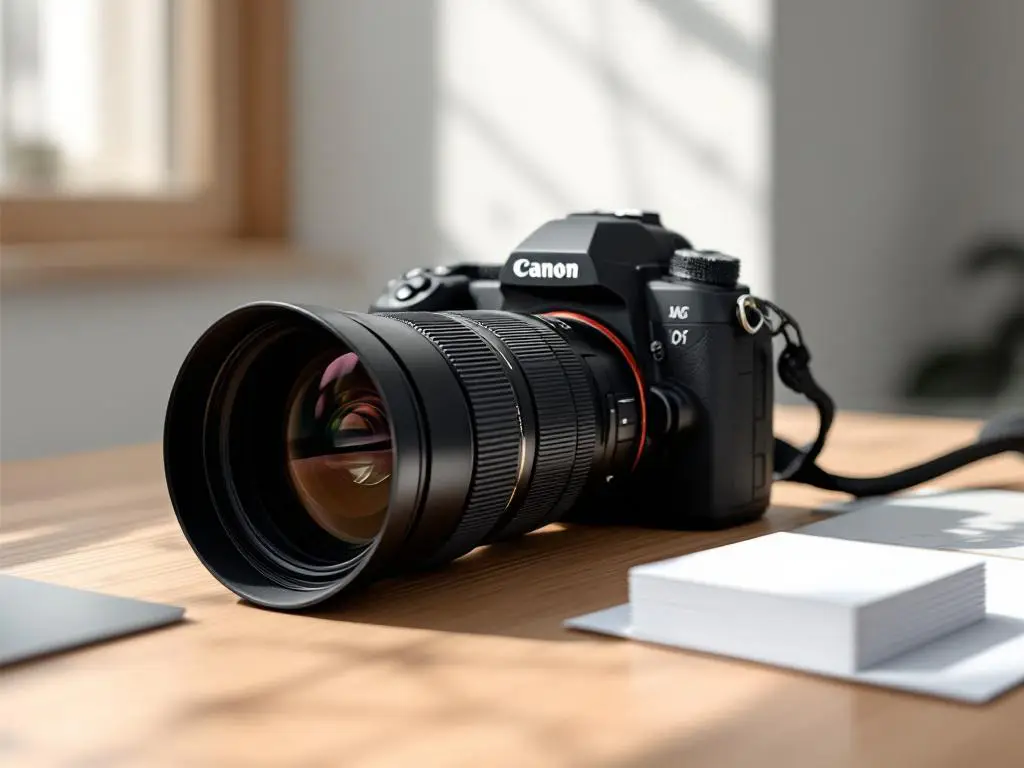 Professionele camera met telelens op houten bureau naast visitekaartjes, natuurlijk licht, minimalistische stijl