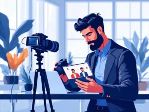 Professionele fotograaf bekijkt zakelijke portretten op laptop in modern kantoor met natuurlijk licht