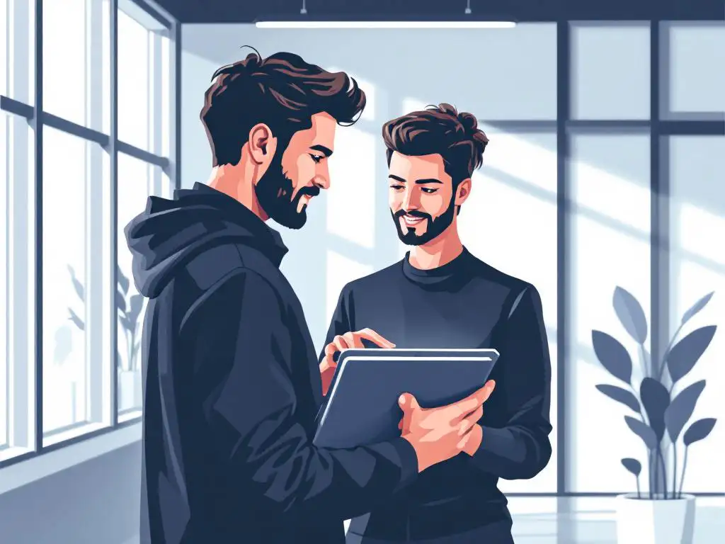 Professionele fotograaf bekijkt zakelijke portretten op tablet in modern kantoor met grote ramen