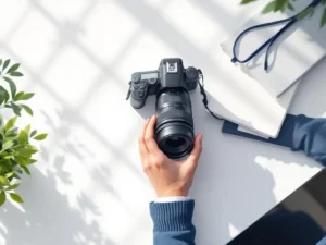 Professionele fotograaf past DSLR-camera aan op wit bureau naast visitekaartjes en portfolio in navy-goud vector stijl