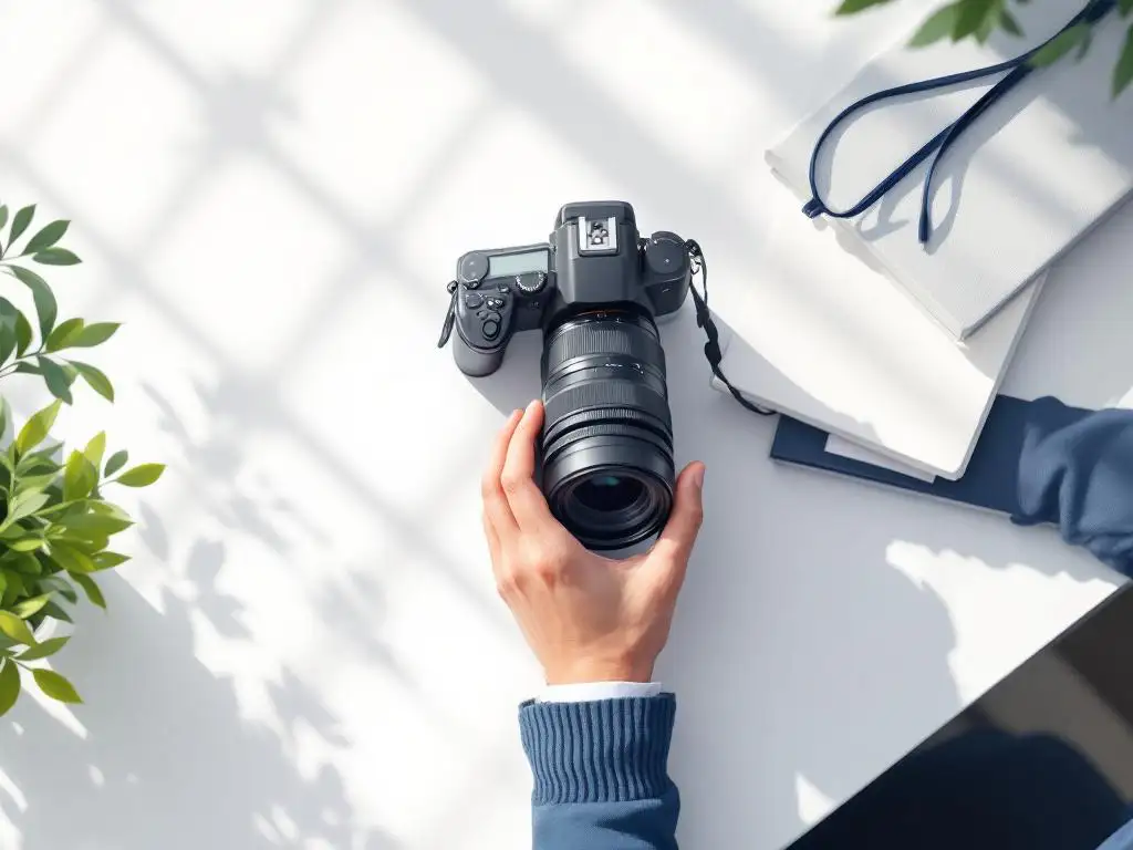 Professionele fotograaf past DSLR-camera aan op wit bureau naast visitekaartjes en portfolio in navy-goud vector stijl