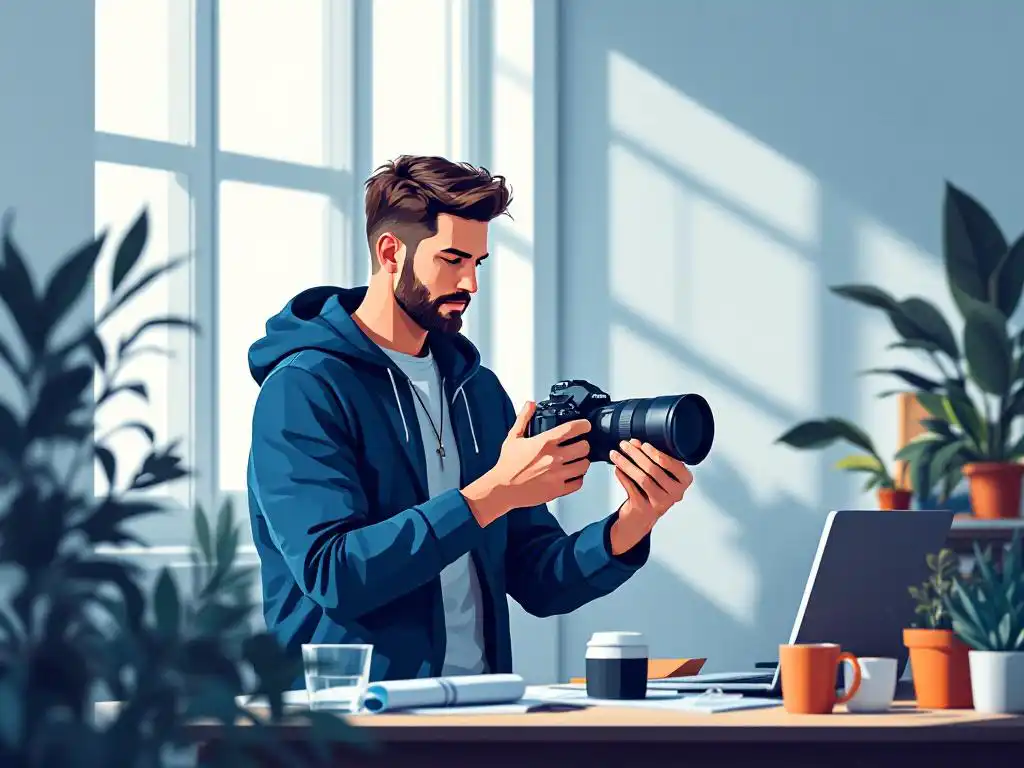 Professionele fotograaf past camera-instellingen aan in licht kantoor met grote ramen, vector illustratie