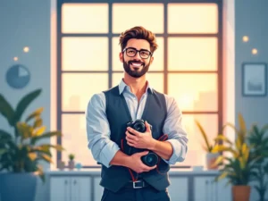 Professionele fotograaf met camera in modern kantoor met natuurlijk licht, vector illustratie in blauwtinten