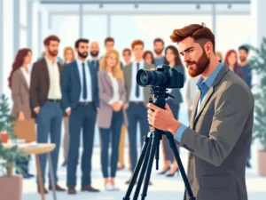 Professionele fotograaf past cameralens aan op statief, diverse sollicitanten in pak op achtergrond in modern kantoor