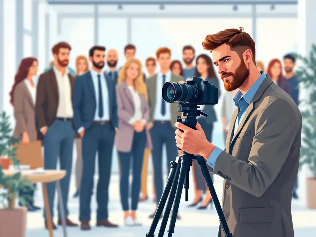 Professionele fotograaf past cameralens aan op statief, diverse sollicitanten in pak op achtergrond in modern kantoor