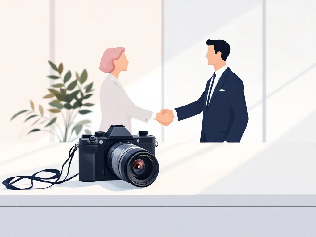 Professionele camera op bureau naast zakelijke handdruk tussen twee mensen in pakken, navy en goud vectorstijl