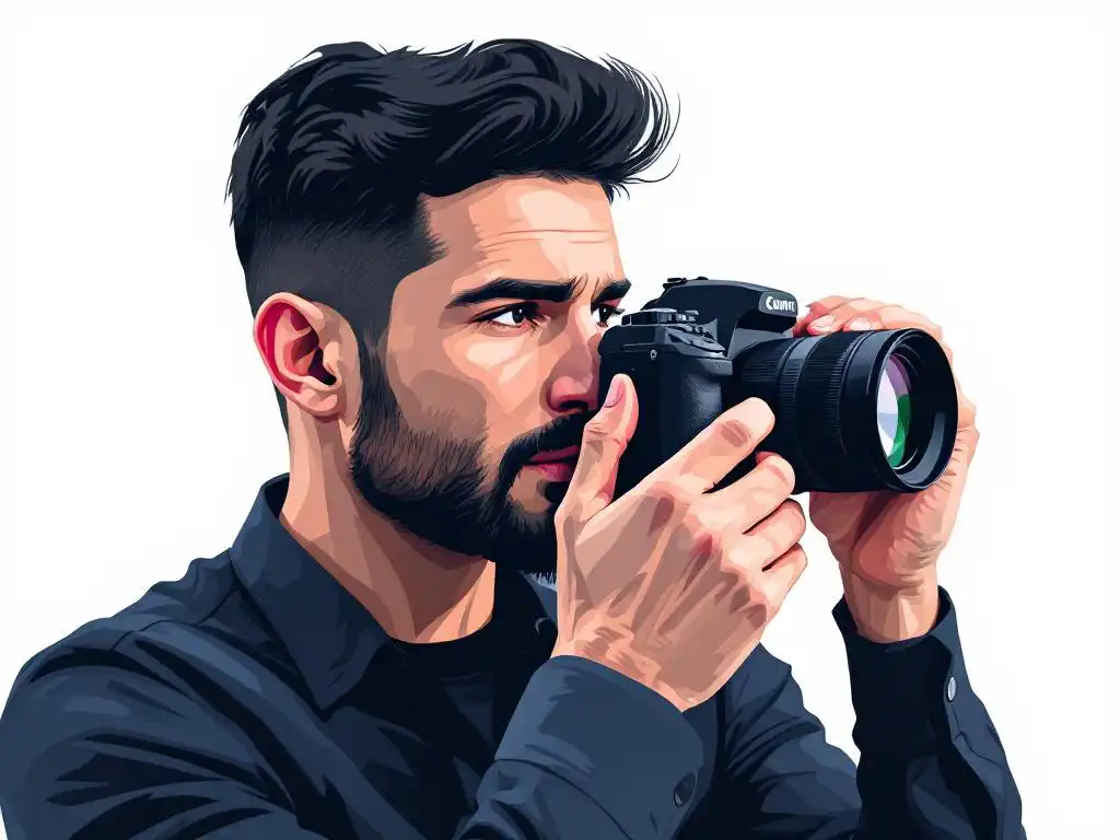 Professionele fotograaf met DSLR-camera op ooghoogte, geconcentreerde uitdrukking, vector illustratie stijl