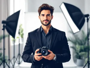 Professionele fotograaf met DSLR-camera in moderne studio met witte achtergrond en softbox verlichting