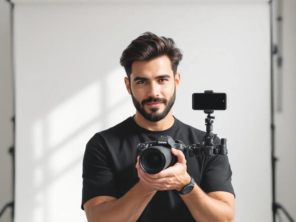 Professionele fotograaf met DSLR-camera en smartphone op statief in witte studio met natuurlijk licht