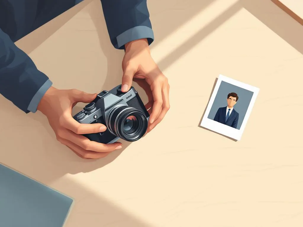 Professionele fotograaf past vintage filmcamera aan op houten bureau naast portretfoto in minimalistische werkruimte
