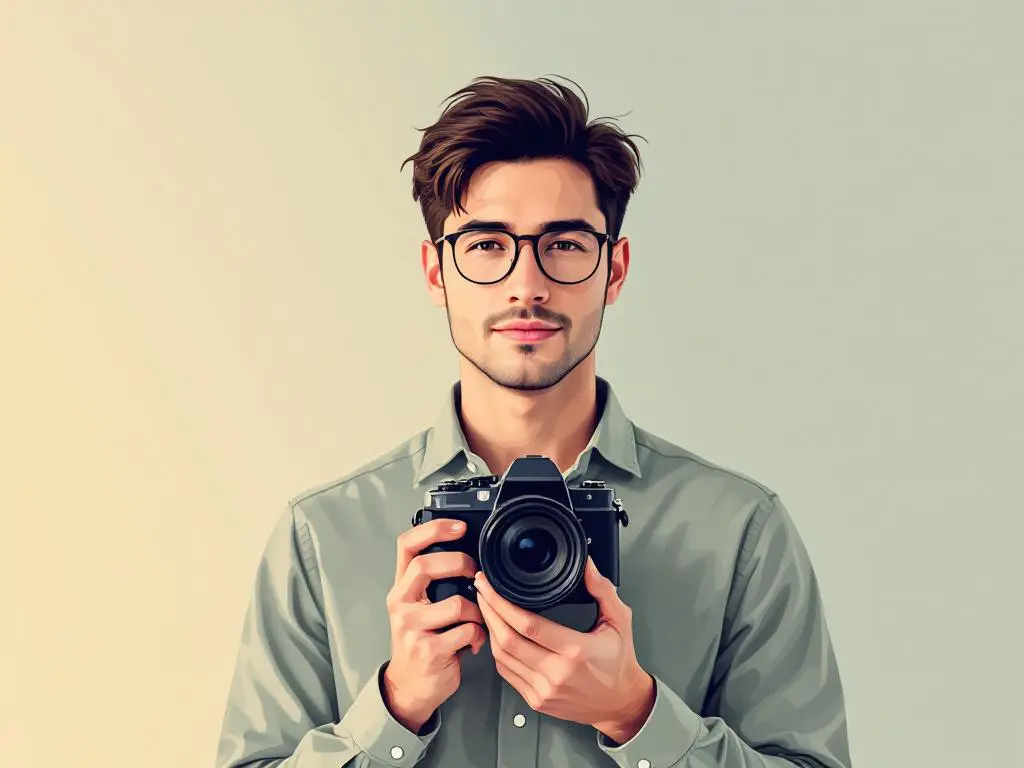 Professionele fotograaf houdt vintage filmcamera vast, drie-kwart portret tegen zachte gradiënt achtergrond