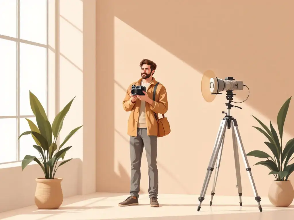 Professionele fotograaf met vintage filmcamera in minimalistische studio met natuurlijk licht en neutrale kleuren