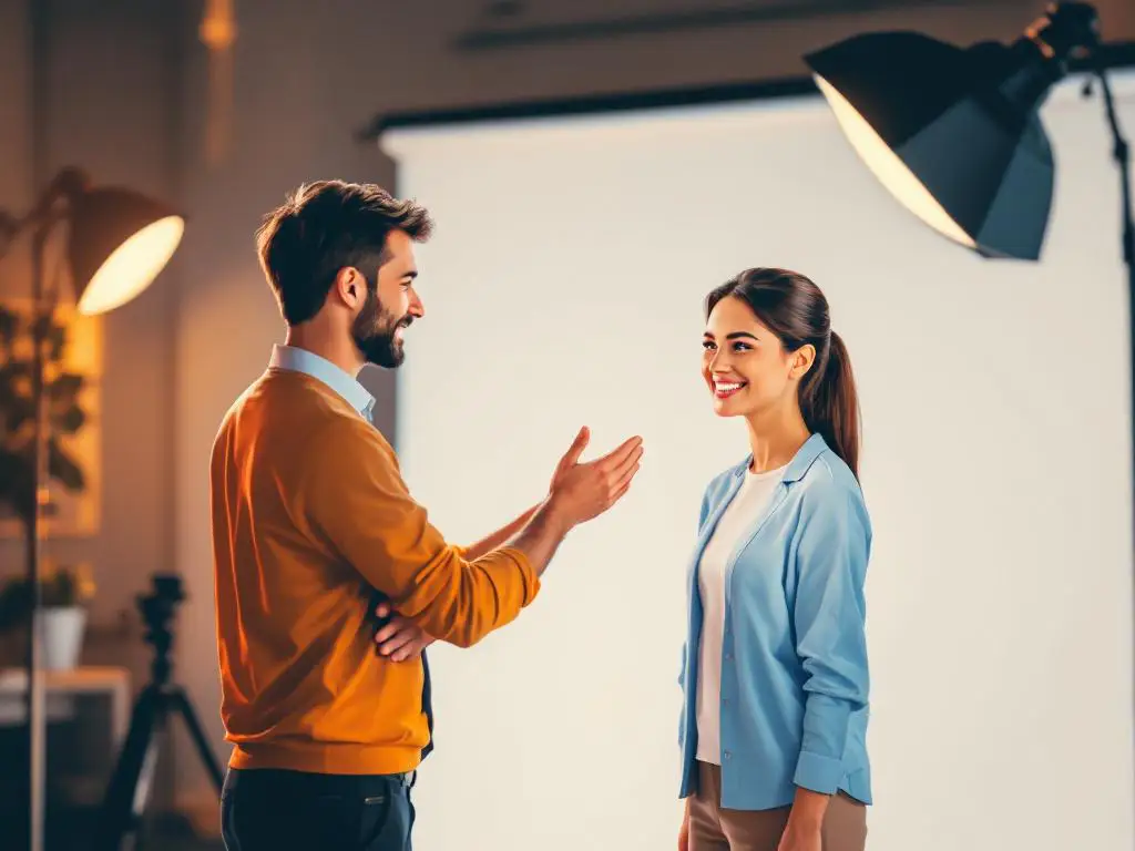 Fotograaf begeleidt zelfverzekerde medewerker tijdens professionele fotoshoot in warme studioverlichting