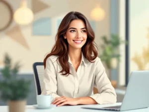 Professionele vrouw met zachte glimlach aan modern bureau in kantoor met natuurlijk licht en neutrale tinten
