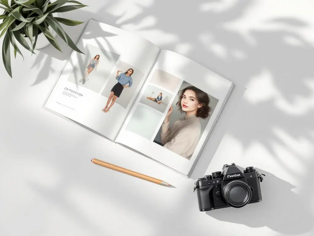 Professionele camera en geopend portfolioboek met redactionele foto's op witte ondergrond, natuurlijke belichting