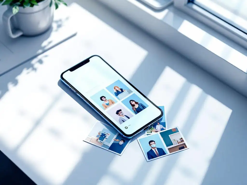 Smartphone op wit bureau toont zakelijke foto's, met afgedrukte foto's eronder in minimalistische werkruimte