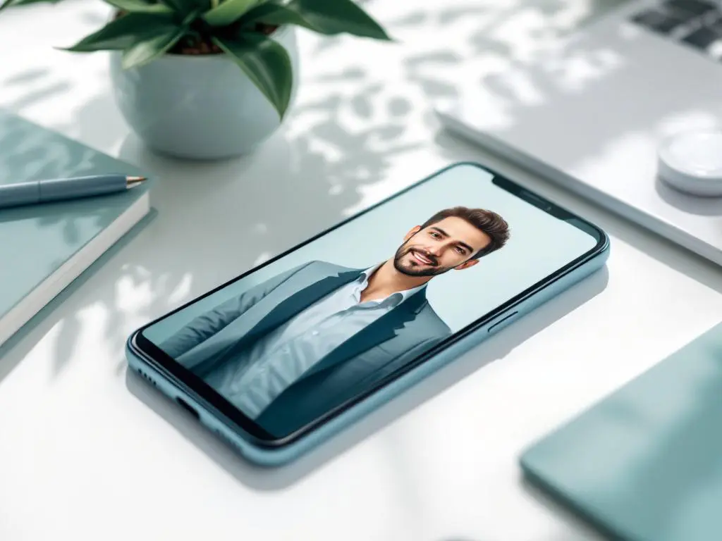 Smartphone met professioneel zakelijk portret op wit bureau, geometrische elementen in zachte kleuren, vectorstijl