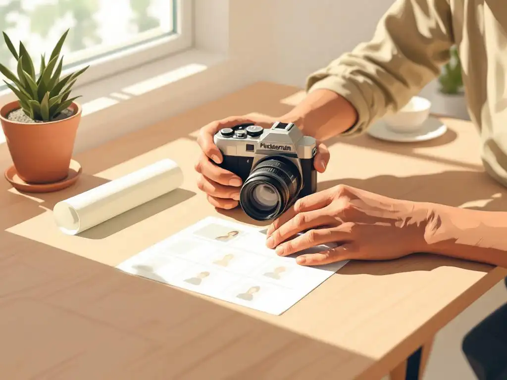 Professionele fotograaf past vintage filmcamera aan op houten bureau met contactafdrukken in natuurlijk licht