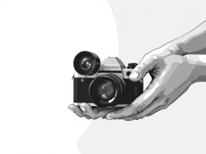 Professionele fotograaf past vintage filmcamera aan tegen witte achtergrond met zachte belichting