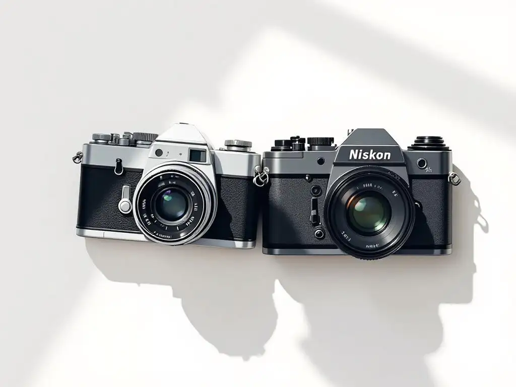 Vintage filmcamera en moderne digitale camera naast elkaar op witte ondergrond, minimalistische vectorillustratie