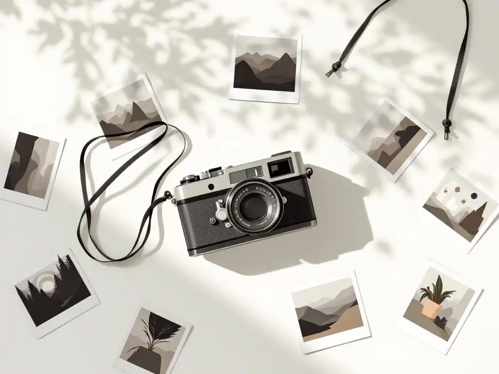 Vintage filmcamera en moderne digitale camera op witte ondergrond met zwart-wit foto's, zachte verlichting