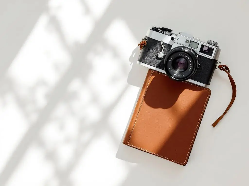 Vintage filmcamera naast leren ethiekhandboek op witte ondergrond, minimalistische compositie met zachte schaduwen