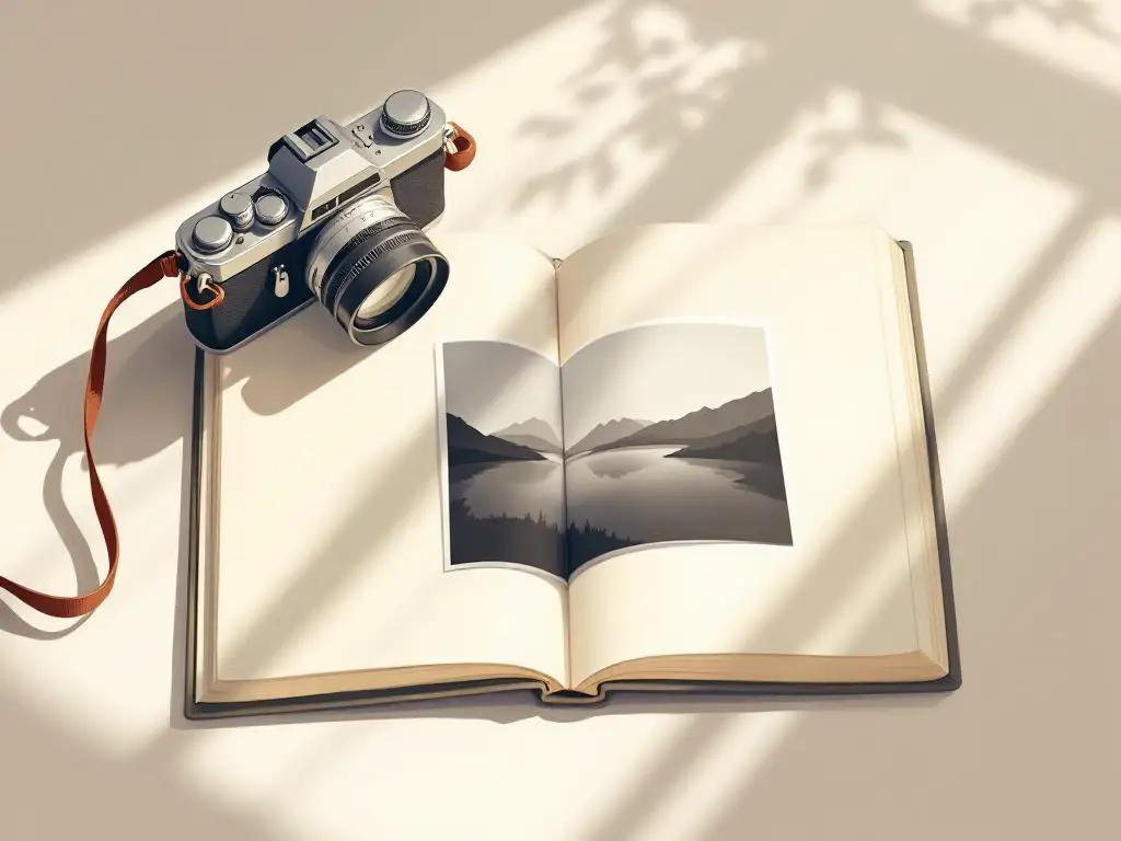 Vintage filmcamera op open fotoalbum met zwart-wit foto, warme natuurlijke belichting, minimalistische vectorstijl