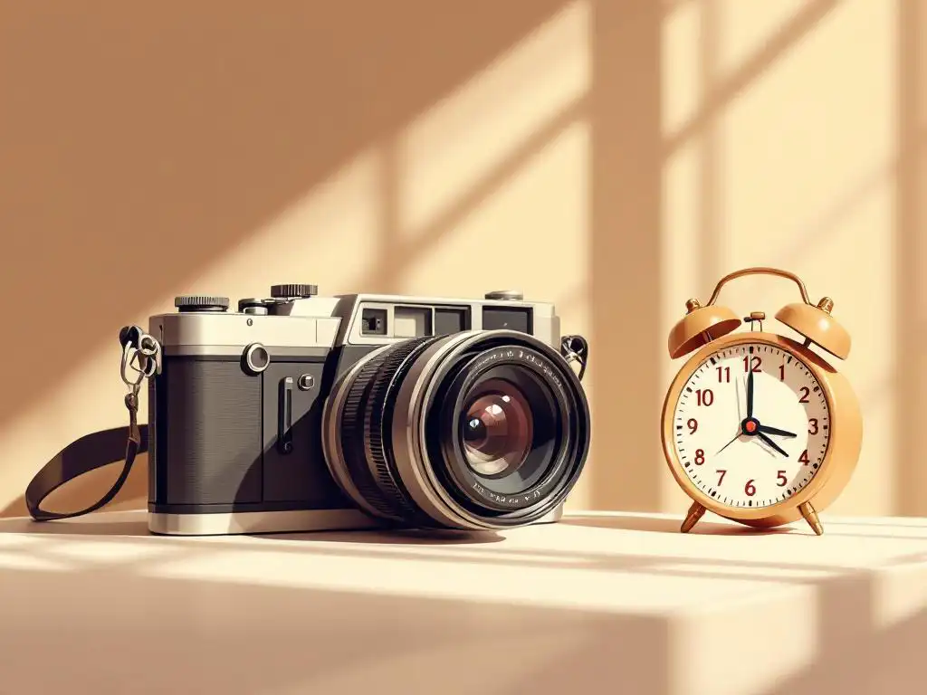 Vintage filmcamera met grote lens en analoge klok op wit bureau, warme belichting, vectorillustratie in bruintinten