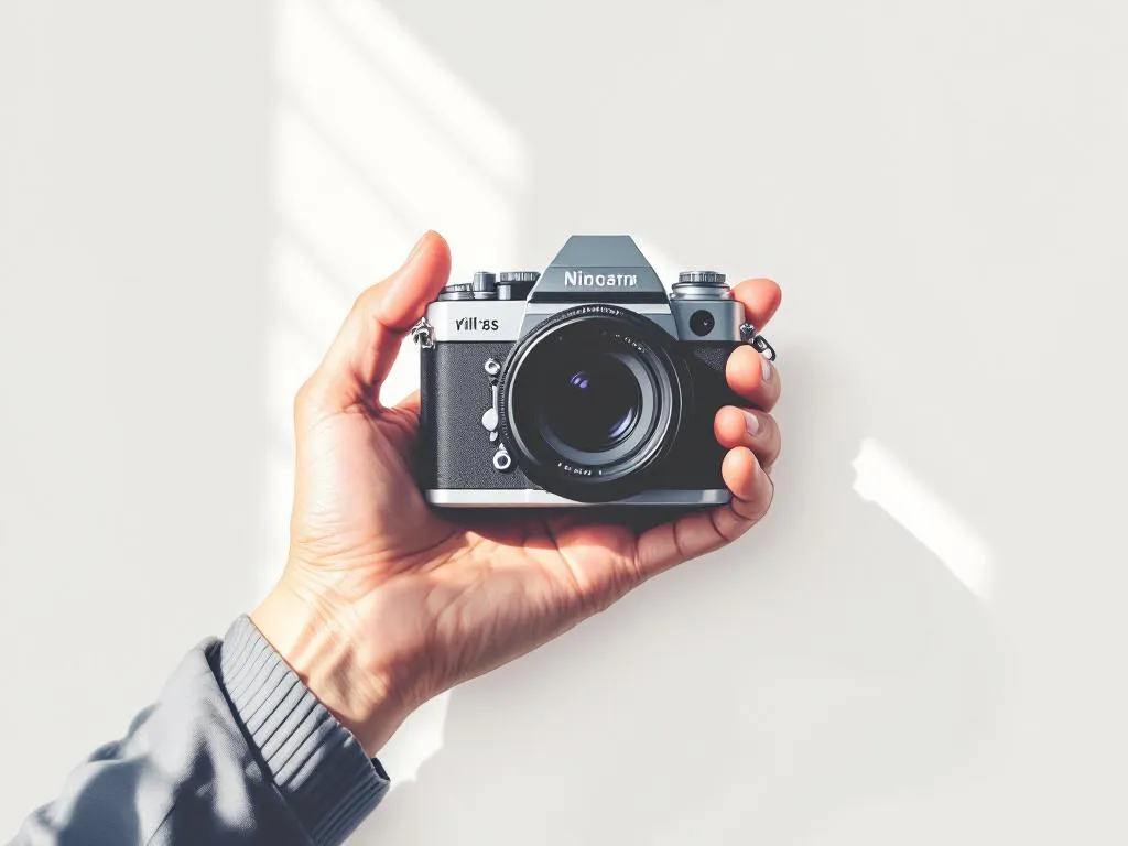 Professionele fotograaf houdt vintage filmcamera vast tegen witte achtergrond in minimalistische vectorstijl