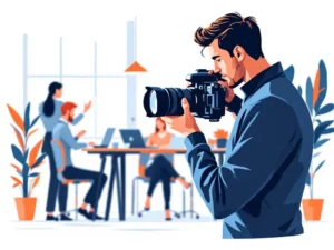 Professionele fotograaf neemt foto's van zakenmensen in modern kantoor met natuurlijk licht, vectorillustratie
