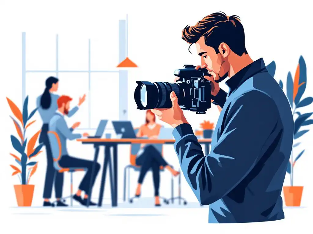 Professionele fotograaf neemt foto's van zakenmensen in modern kantoor met natuurlijk licht, vectorillustratie