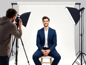 Zelfverzekerde zakenvrouw in marineblauw jasje poseert terwijl fotograaf softbox-verlichting instelt in studio