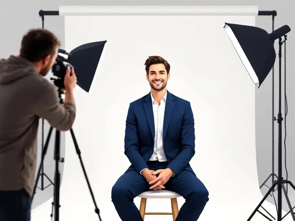 Zelfverzekerde zakenvrouw in marineblauw jasje poseert terwijl fotograaf softbox-verlichting instelt in studio