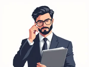 Professionele zakenpersoon met bril en portfolio map, zelfverzekerde houding, vlakke vectorillustratie