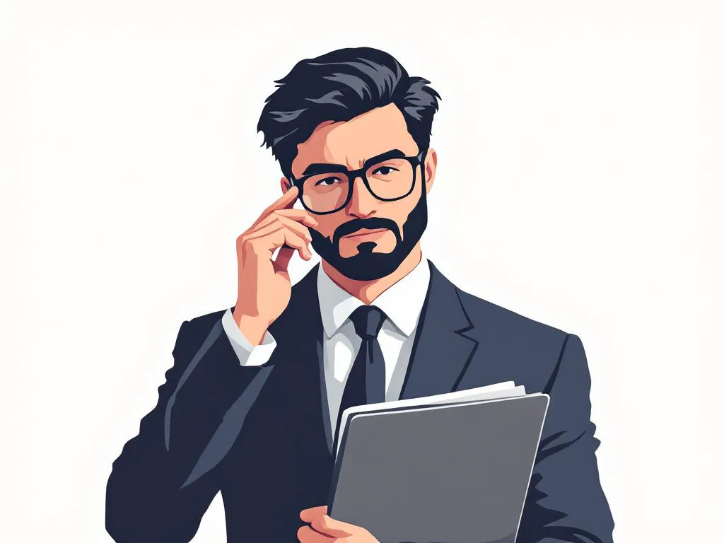 Professionele zakenpersoon met bril en portfolio map, zelfverzekerde houding, vlakke vectorillustratie