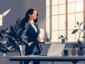 Professionele zakenvrouw past blazer aan naast modern bureau met laptop, warme middagzon door ramen, vectorstijl