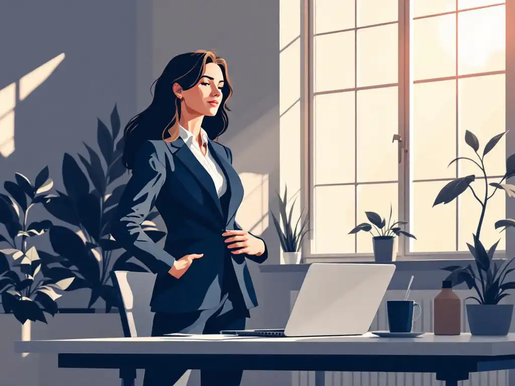 Professionele zakenvrouw past blazer aan naast modern bureau met laptop, warme middagzon door ramen, vectorstijl