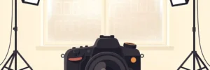 Professionele camera op wit studiodecor met softbox-verlichting, Amsterdamse gevelarchitectuur zichtbaar door bevroren raam.