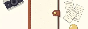 Openliggend leren budgetboek op wit bureau naast vintage camera, bonnetjes en gloeilamp prop, vlakke illustratiestijl.