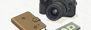 Professionele camera naast een leren notitieboekje en bankbiljet op wit oppervlak, minimalistische flat lay illustratie over fotografiebudget.