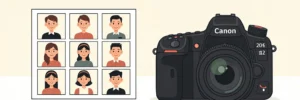 Professionele camera op wit bureau naast een contactvel met portretten, minimalistische vectorillustratie in ivoor, houtskool en terracotta.