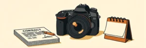 Professionele camera op studioburo naast gevouwen contract en kalender, minimalistische illustratie in warm crème met houtskool en amber.