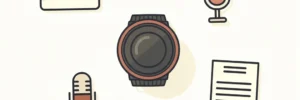 Camera lens op wit oppervlak omringd door verfstaal, microfoon en document die diverse klanttypen symboliseren.