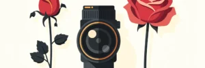 Cameralens naast een verwelkte stockfoto-roos en een verse levendige bloem op wit oppervlak, vlakke vectorillustratie.