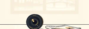 Minimalistische cameralens met spiegelreflectie op glas, zakelijk tijdschrift ernaast, Amsterdamse grachtensilhouet op de achtergrond.
