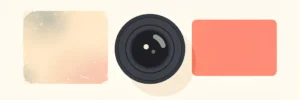 Minimalistische cameralens naast vervaagde en levendige merkkleurstalen op wit oppervlak, symboliseert merkidentiteit transformatie.