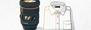 Professionele cameralens rechtop op wit oppervlak naast gevouwen wit overhemd, minimalistische illustratie in houtskool, wit en amber.